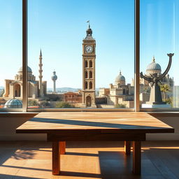 An empty wooden table positioned near a large window, which provides a captivating view of notable Syrian landmarks