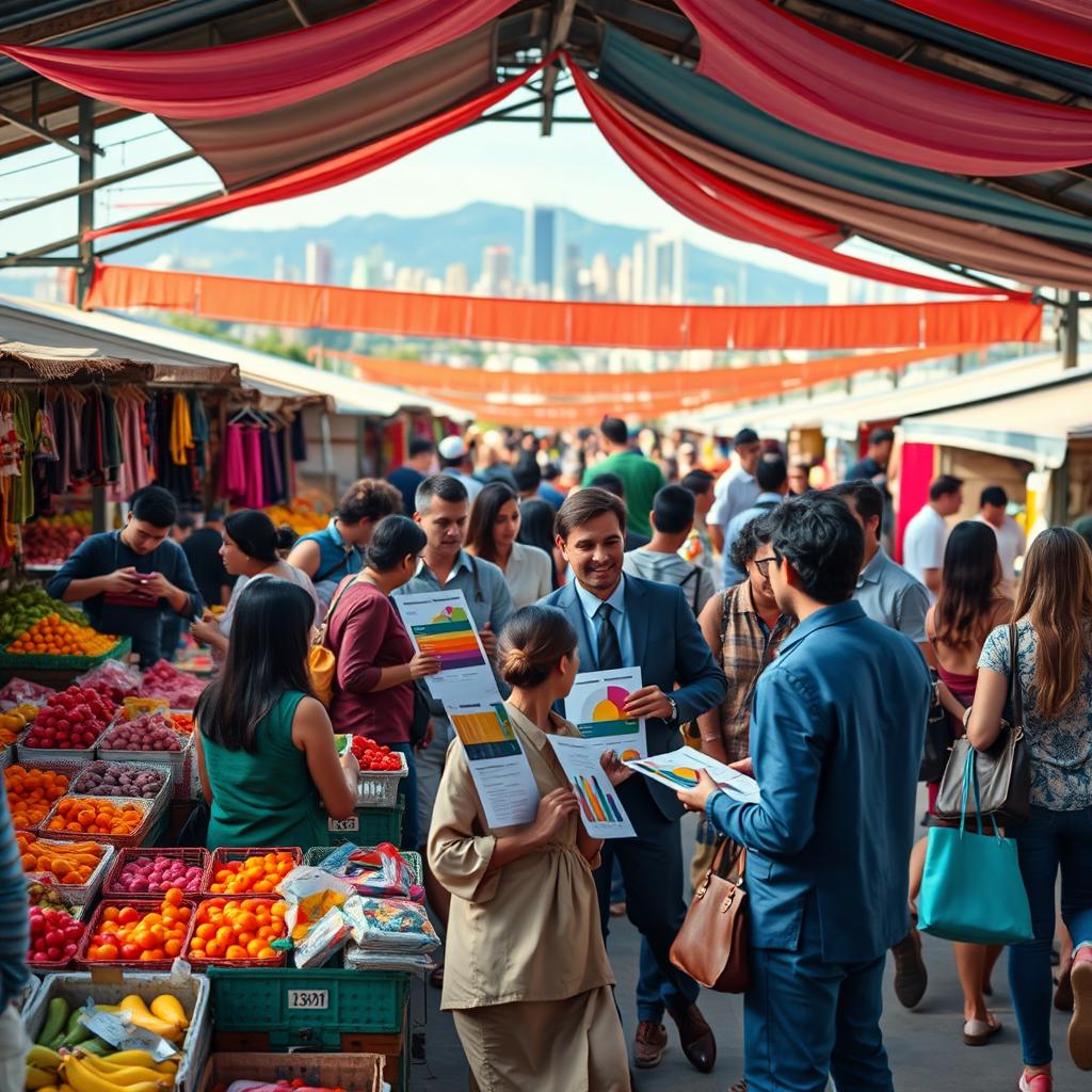 A bustling market scene, vibrant stallholders showcasing fresh produce, colorful textiles and handmade crafts