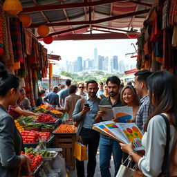 A bustling market scene, vibrant stallholders showcasing fresh produce, colorful textiles and handmade crafts