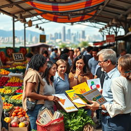 A bustling market scene, vibrant stallholders showcasing fresh produce, colorful textiles and handmade crafts