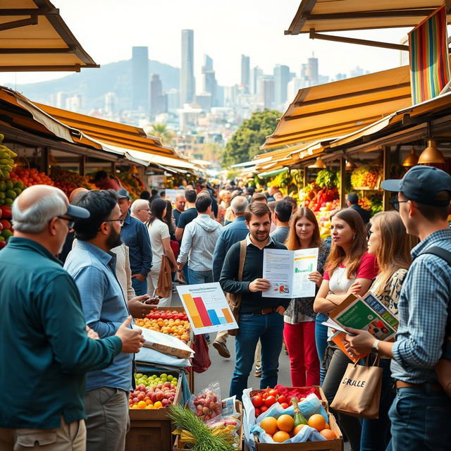 A bustling market scene, vibrant stallholders showcasing fresh produce, colorful textiles and handmade crafts