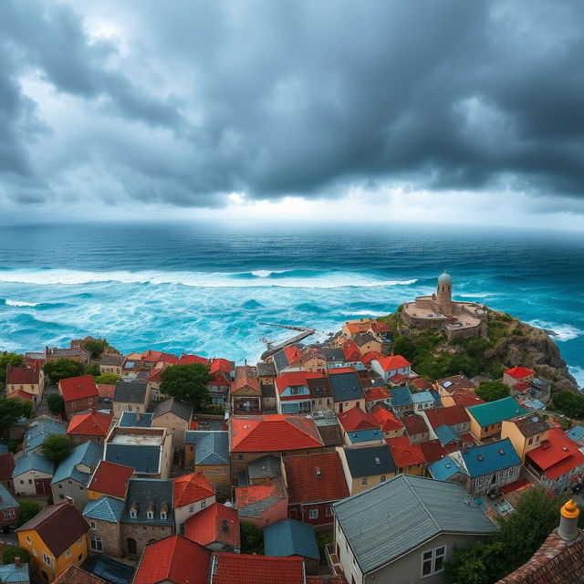 A panoramic view of a charming town, showcasing quaint architecture with colorful rooftops, nestled along a rugged coastline