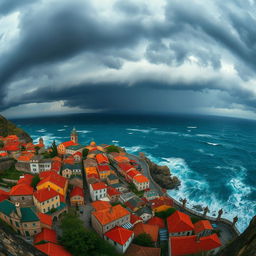 A panoramic view of a charming town, showcasing quaint architecture with colorful rooftops, nestled along a rugged coastline