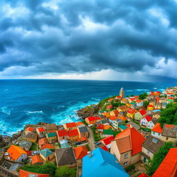 A panoramic view of a charming town, showcasing quaint architecture with colorful rooftops, nestled along a rugged coastline