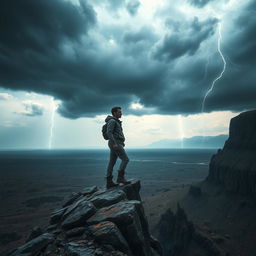 A dramatic landscape depicting a person standing on the edge of a cliff in a remote area, with a vast, barren wilderness stretching out below
