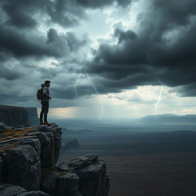 A dramatic landscape depicting a person standing on the edge of a cliff in a remote area, with a vast, barren wilderness stretching out below