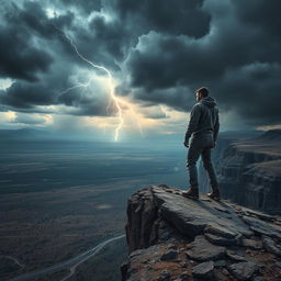 A dramatic landscape depicting a person standing on the edge of a cliff in a remote area, with a vast, barren wilderness stretching out below