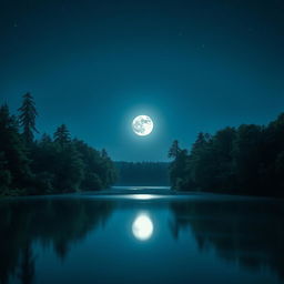 A stunning and serene night scene featuring a full moon casting a gentle glow over a tranquil lake, surrounded by lush green trees