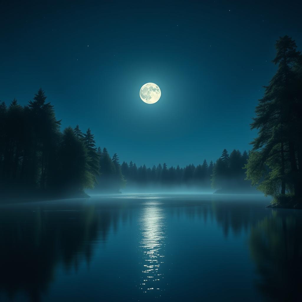 A stunning and serene night scene featuring a full moon casting a gentle glow over a tranquil lake, surrounded by lush green trees