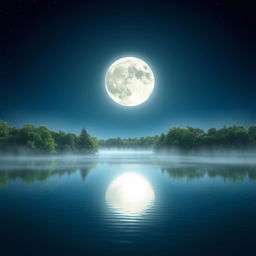 A stunning and serene night scene featuring a full moon casting a gentle glow over a tranquil lake, surrounded by lush green trees