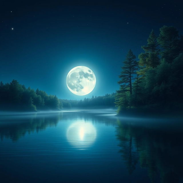 A stunning and serene night scene featuring a full moon casting a gentle glow over a tranquil lake, surrounded by lush green trees