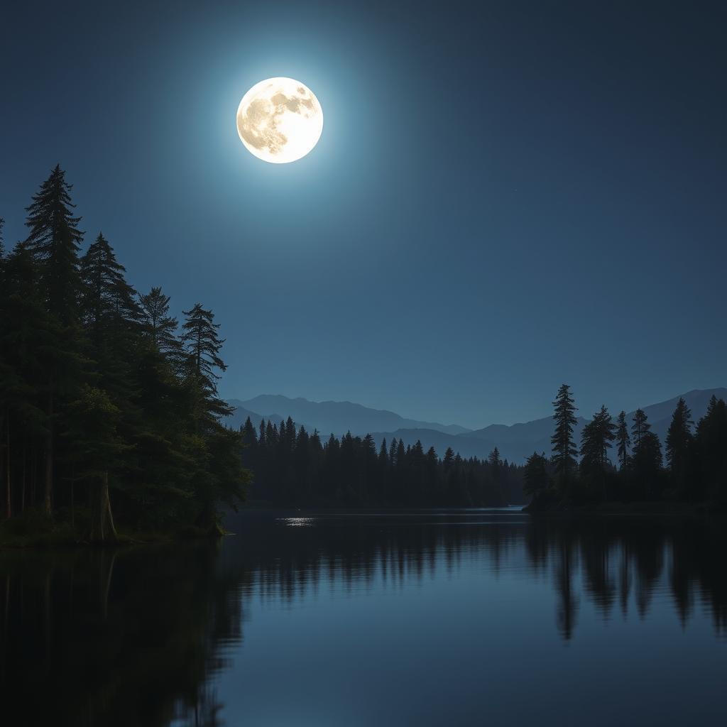 A breathtaking scene featuring a luminous full moon shining brightly in the night sky, casting a silvery glow over a tranquil lake