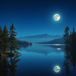A breathtaking scene featuring a luminous full moon shining brightly in the night sky, casting a silvery glow over a tranquil lake