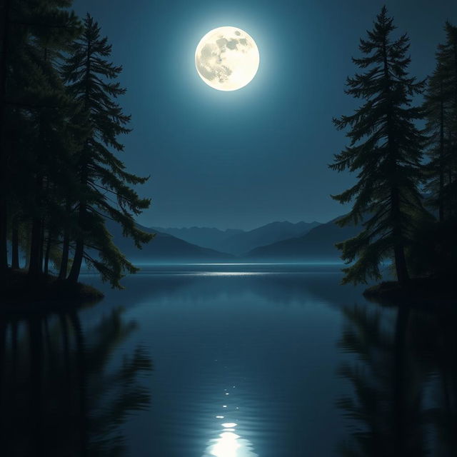 A breathtaking scene featuring a luminous full moon shining brightly in the night sky, casting a silvery glow over a tranquil lake