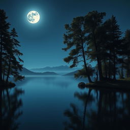A breathtaking scene featuring a luminous full moon shining brightly in the night sky, casting a silvery glow over a tranquil lake