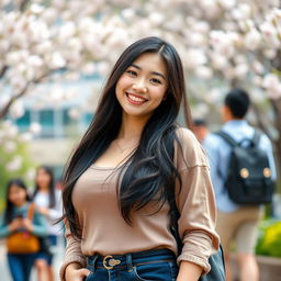 A very beautiful Chinese university student with large, rounded breasts, exuding charm and confidence