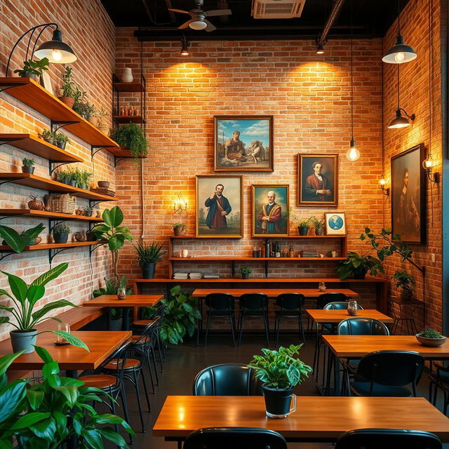 A stylish coffee shop interior featuring a 20-meter long and 3-meter high wall with an exposed brick finish