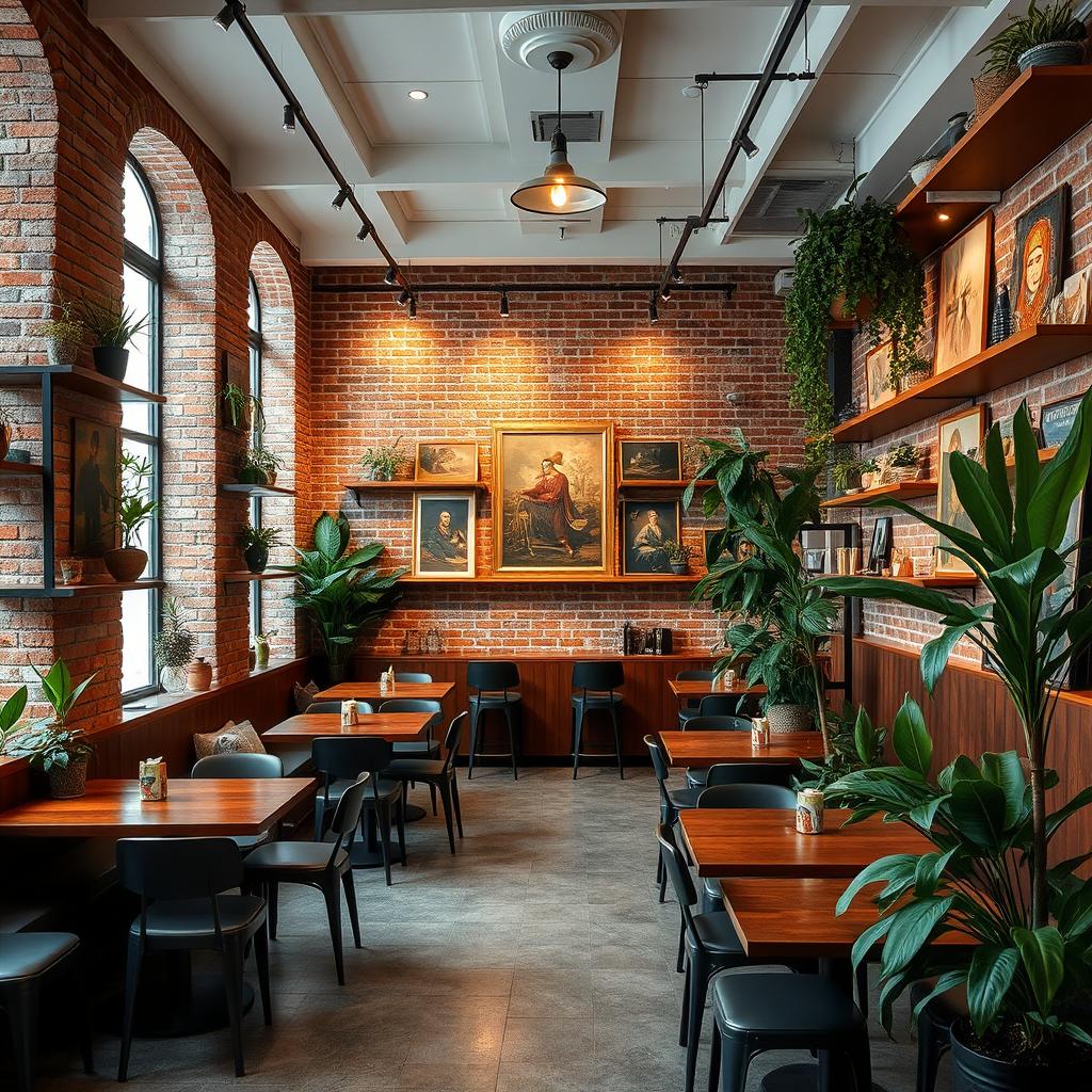 A stylish coffee shop interior featuring a 20-meter long and 3-meter high wall with an exposed brick finish