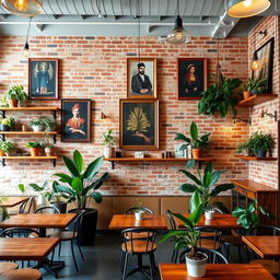 A stylish coffee shop interior featuring a 20-meter long and 3-meter high wall with an exposed brick finish