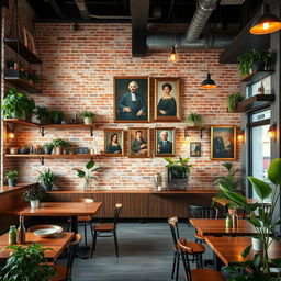 A stylish coffee shop interior featuring a 20-meter long and 3-meter high wall with an exposed brick finish