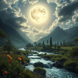 A surreal and mystical landscape where a celestial body, resembling a radiant moon, shines brightly in a cloudy sky