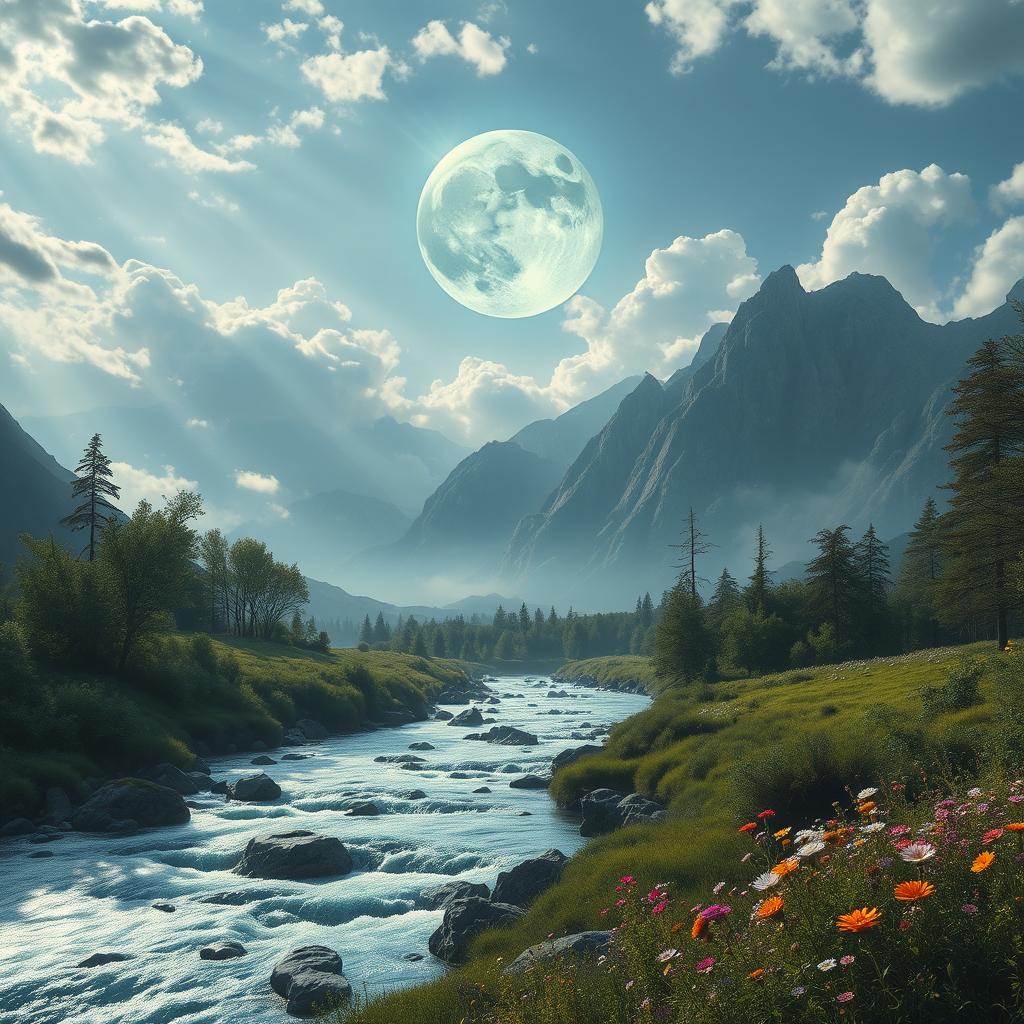 A surreal and mystical landscape where a celestial body, resembling a radiant moon, shines brightly in a cloudy sky