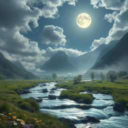 A surreal and mystical landscape where a celestial body, resembling a radiant moon, shines brightly in a cloudy sky