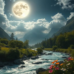A surreal and mystical landscape where a celestial body, resembling a radiant moon, shines brightly in a cloudy sky