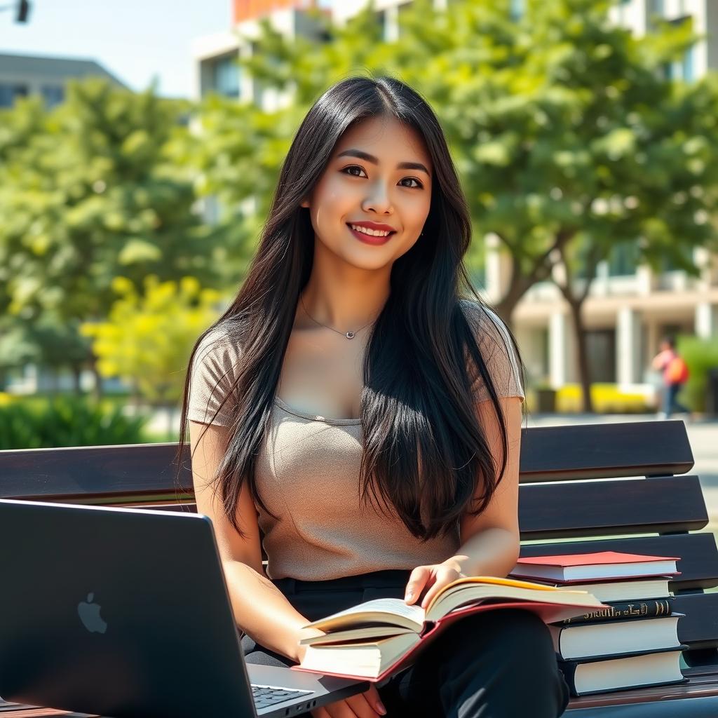 A beautiful Chinese woman with large, round breasts, styled as a university student