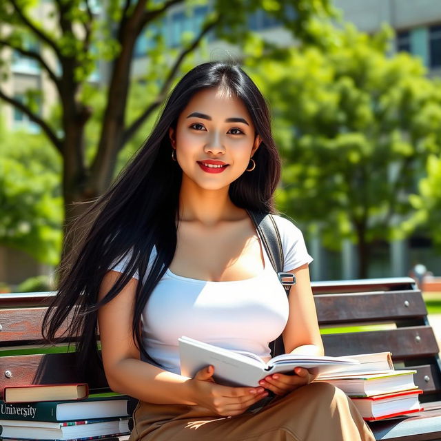 A beautiful Chinese woman with large, round breasts, styled as a university student