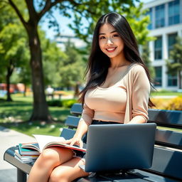 A beautiful Chinese woman with large, round breasts, styled as a university student