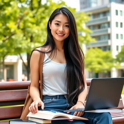 A beautiful Chinese woman with large, round breasts, styled as a university student