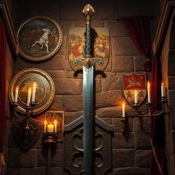 A stunning and regal sword displayed on a richly adorned wall inside a grand castle
