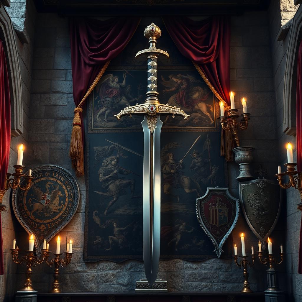 A stunning and regal sword displayed on a richly adorned wall inside a grand castle