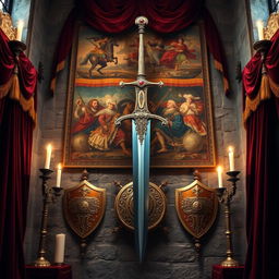 A stunning and regal sword displayed on a richly adorned wall inside a grand castle