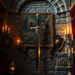 A stunning and regal sword displayed on a richly adorned wall inside a grand castle