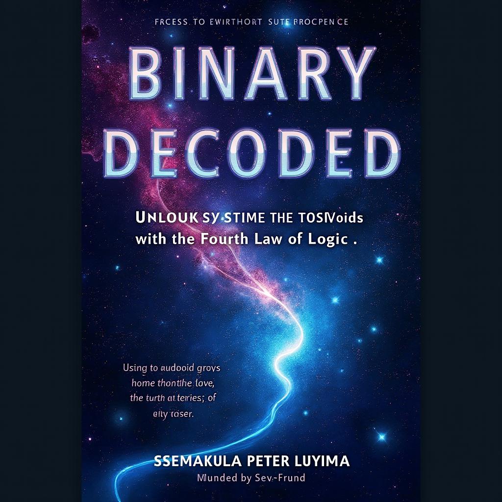 A striking book cover design for "Binary Decoded: Unlocking the Cosmos with the Fourth Law of Logic" by Ssemakula Peter Luyima