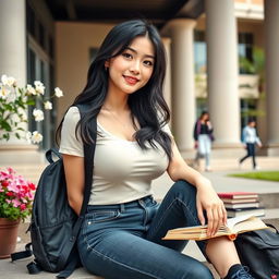 A stunningly beautiful Chinese woman with large, rounded breasts, depicted as a university student