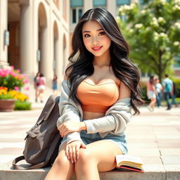 A stunningly beautiful Chinese woman with large, rounded breasts, depicted as a university student