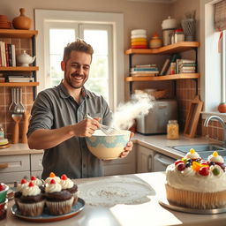 A man baking a cake in a bright and cheerful kitchen, surrounded by colorful baking utensils and ingredients