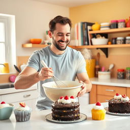 A man baking a cake in a bright and cheerful kitchen, surrounded by colorful baking utensils and ingredients