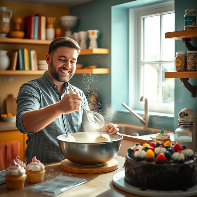 A man baking a cake in a bright and cheerful kitchen, surrounded by colorful baking utensils and ingredients