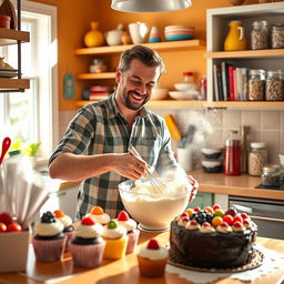A man baking a cake in a bright and cheerful kitchen, surrounded by colorful baking utensils and ingredients