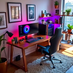 A cozy, modern room featuring a well-organized PC setup on a stylish wooden desk