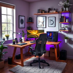 A cozy, modern room featuring a well-organized PC setup on a stylish wooden desk