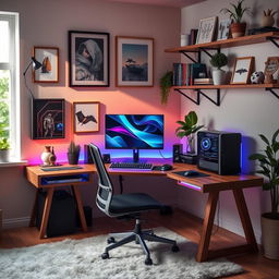 A cozy, modern room featuring a well-organized PC setup on a stylish wooden desk