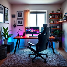 A cozy, modern room featuring a well-organized PC setup on a stylish wooden desk