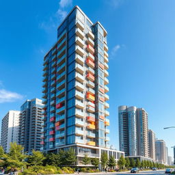 A stunning high-rise residential building featuring more than twenty-five floors, characterized by a tubular structure and an asymmetric shape