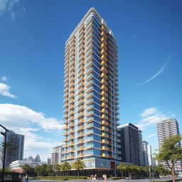 A stunning high-rise residential building featuring more than twenty-five floors, characterized by a tubular structure and an asymmetric shape