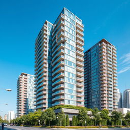 A stunning high-rise residential building featuring more than twenty-five floors, characterized by a tubular structure and an asymmetric shape